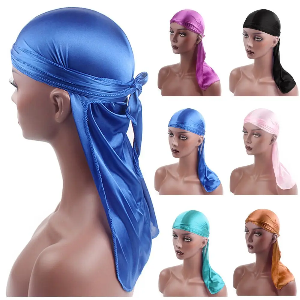 Fashion Pre-Tied Silk Durag Adjustable Elastic Turban Hijab Polyester Pirate Hat Men Women