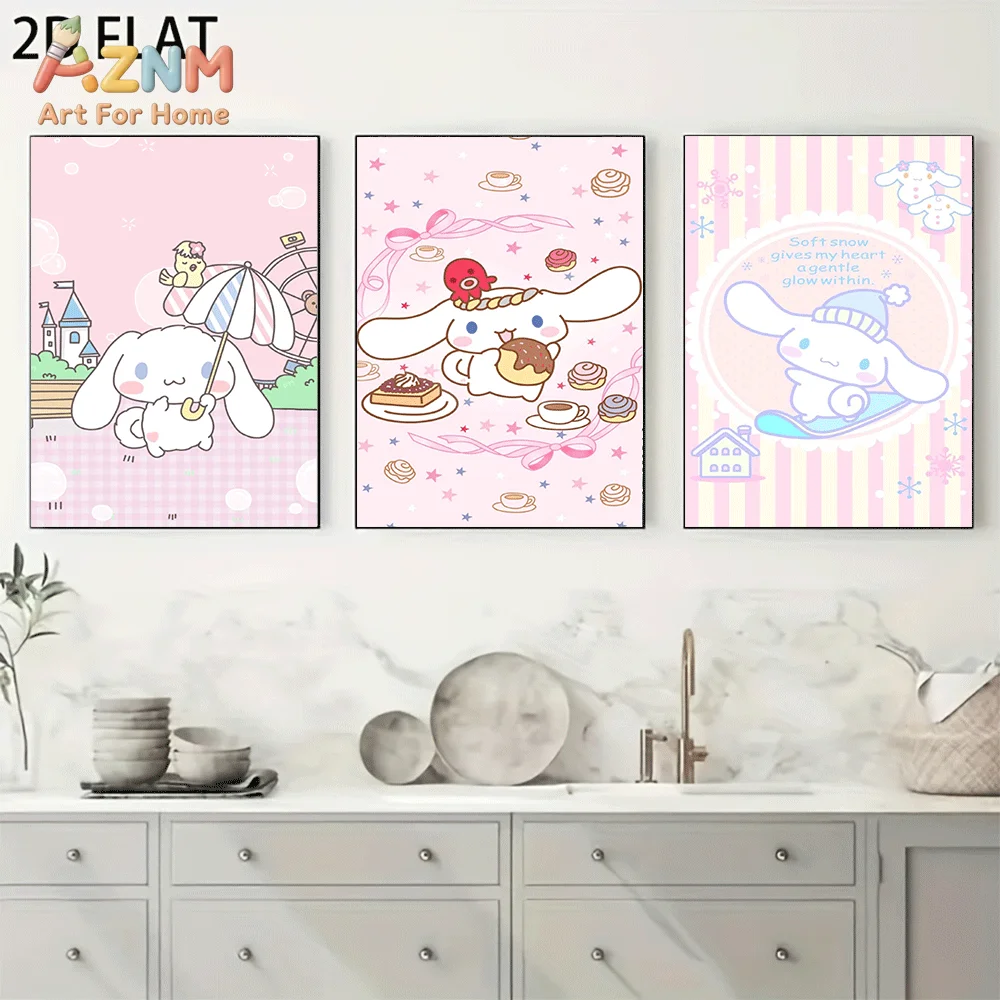 AZNM Cinnamoroll Canvas Wall Art Unframed Cute Cartoon Print Poster Amusement Park Donut Dessert Ski Scene Kawaii Pink Pastel De