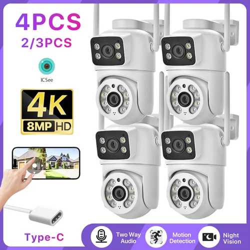 2 uds 4 Uds cámara WIFI 4K HD vigilancia de seguridad cámara PTZ visión nocturna a Color 2 pantallas detección humana Audio bidireccional iCsee