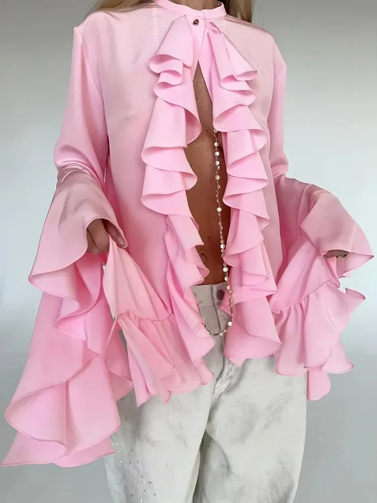 2025 New Elegant Ladies Chiffon Shirt Top Fashion O-Neck Trumpet Sleeve Ruffled Single-Breasted Loose Casual Solid Color Top