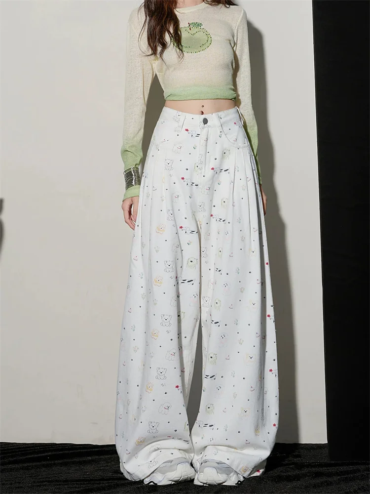 

Белые джинсы с широкими штанинами для женщин, осенние, с высокой талией, свободные брюки, драпированные, в пол, джинсовые, приталенный крой