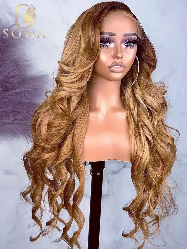 4/27 Honey Blonde 13x6 Transparent Lace Frontal Wig Colored Human Hair Wigs with Brown Root Wavy Lace Front Wigs Pre Plucked