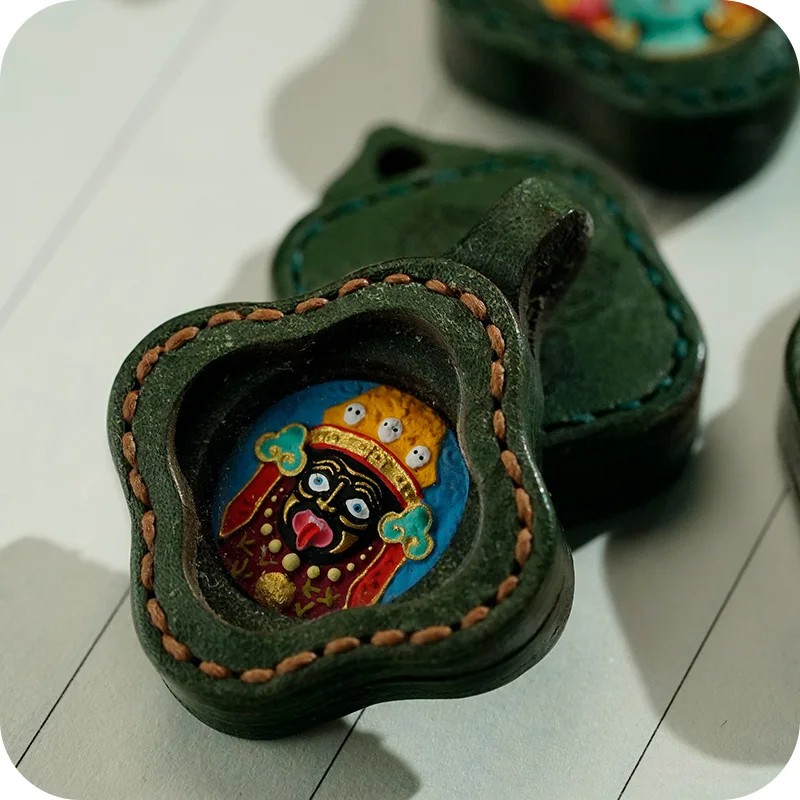 Special-Shaped Small Leather Phone Case Three-Dimensional Hand-Painted Thangka Wipe Green Handmade Pendant Pendant Yellow God of