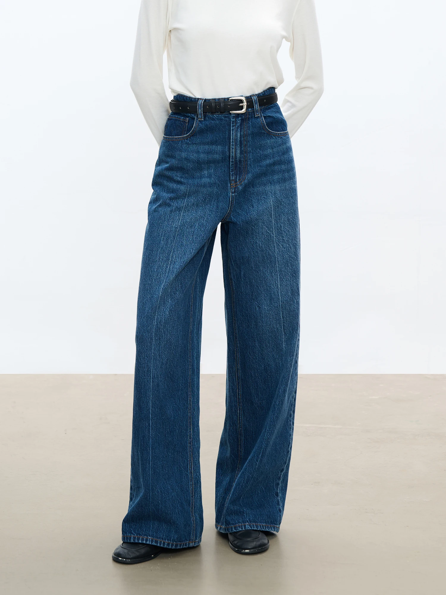 

CEMO Early Spring 00% Cotton Bamboo Texture Deep Blue Waed High Waist Simple Straight Wide Leg Jeans Women's Loose Fit