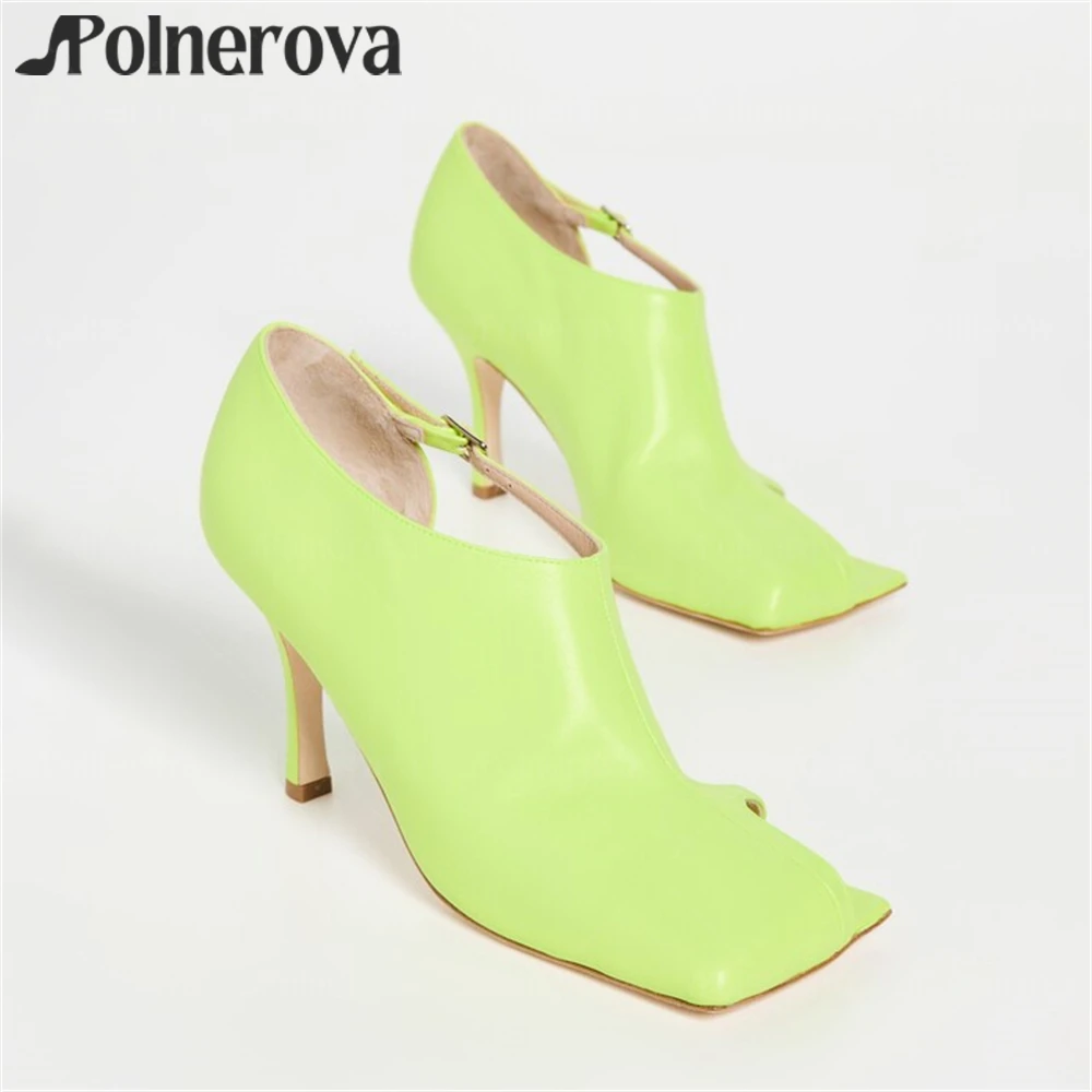 Fluorescent Green Square Toe Sandals Stiletto Buckle Summer High Heels Asymmetrical Novel Designer Flip Flops Sandals for Women