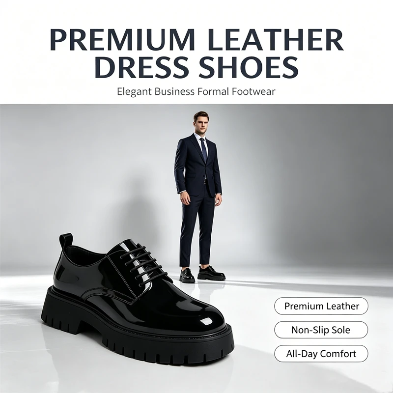 Men Glossy Patent Leather Business Oxfords Thick Platform Height Increase Formal Dress Shoes Man Lace Up Office Wedding Shoes