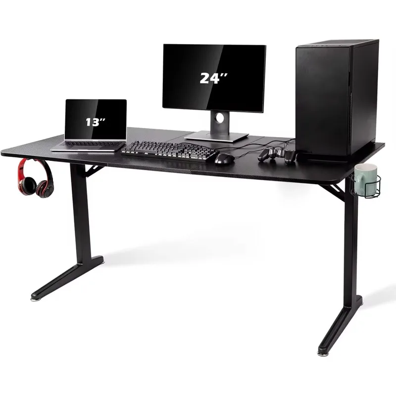 Gaming Desk Large Surface 63’’x31.5’，Computer Desk with Cup Holder, Headphone Hook and Cable Management (Black)