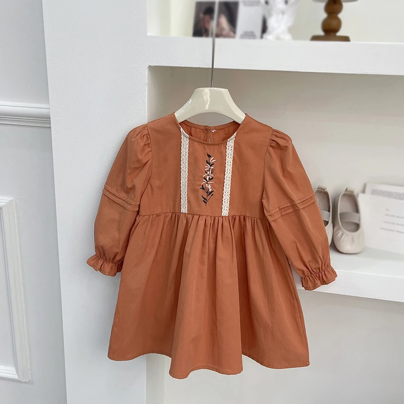 Spring Girls Dress Sweet Solid Cotton Soft Lace Decor Long Sleeve Dress Kids Soft Comfortable Outing Casual Dress 2-10Y