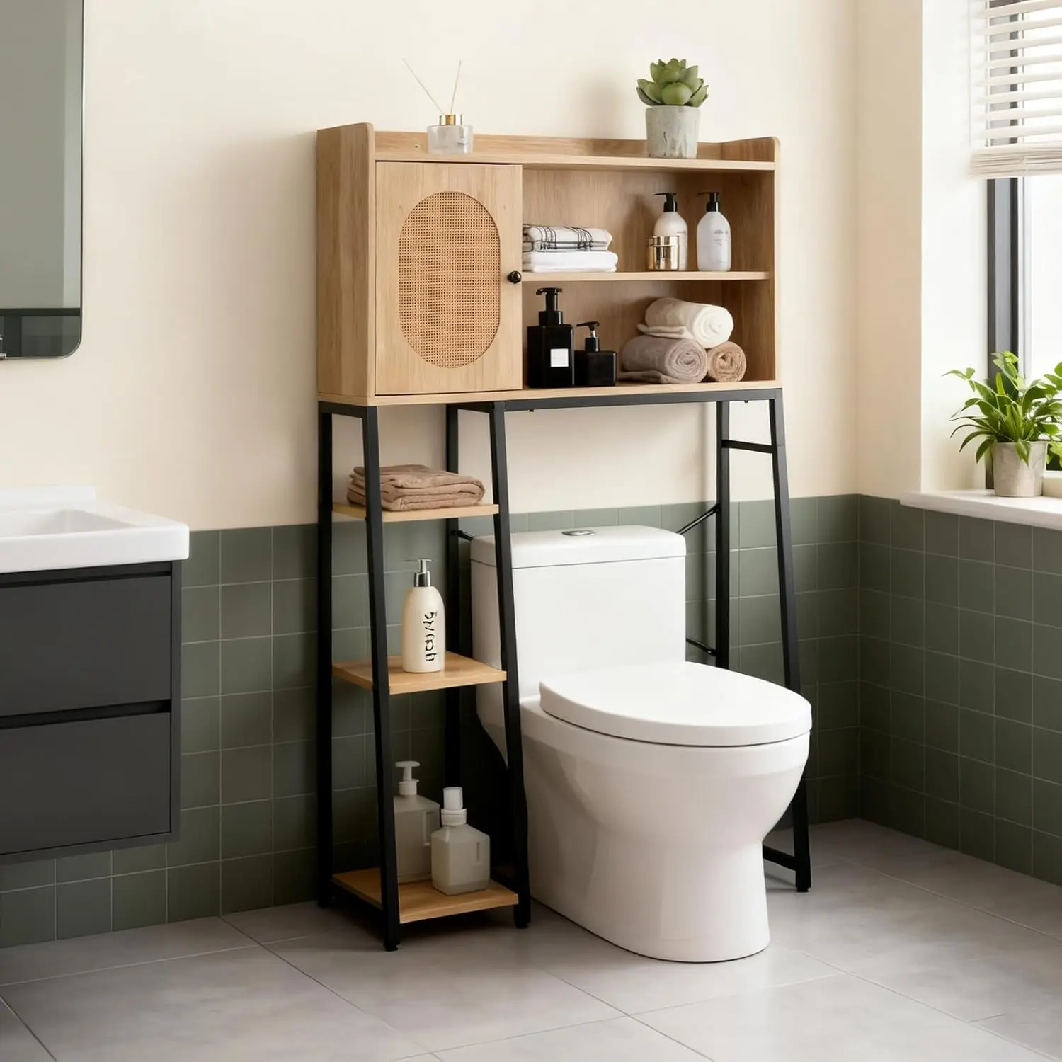 

Over Toilet Storage Cabinet w/ Rattan Door Freestanding Space Saver Metal Stand Adjustable Shelf Bathroom Organizer, Customized