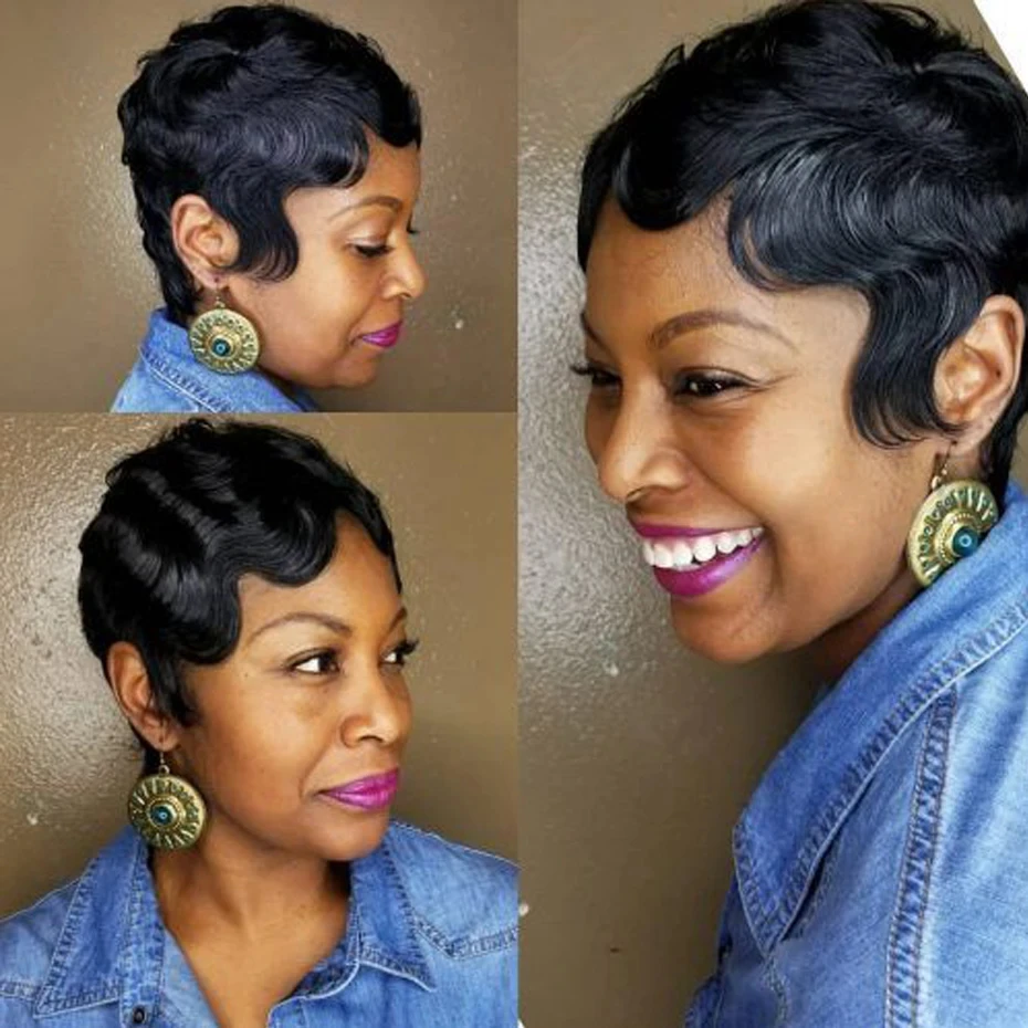 Finger Wave Curly Wave Pixie Cut Wig for Women 150% Density 6 Inch Human Hair Wig for Women Full Machine Made Wig