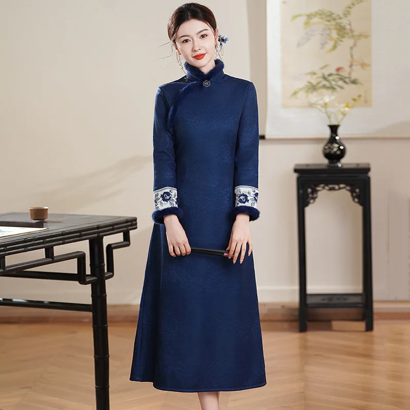 

Yourqipao Winter Blue Retro Qipao Jacquard Fleece-Lined Long Cheongsam Traditional Chinese Style Evening Dress for Women Party