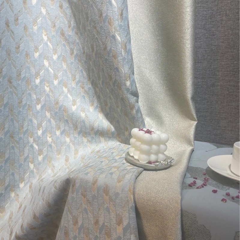 New Glacier Blue Light Luxury Curtains for Living Room and Bedroom Jacquard Splicing Houndstooth Curtains Blackout Fabric