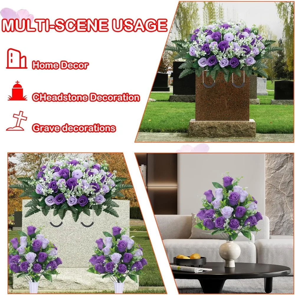 Purple Cemetery Memorial Rose Headstone Flowers with Vase for Tombstone Decoration