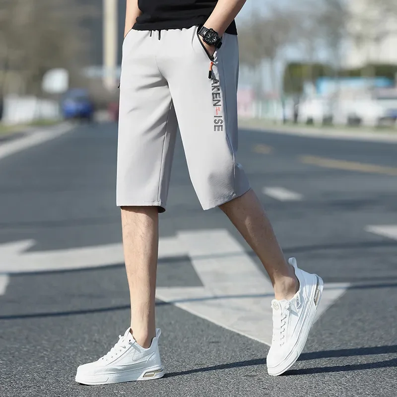 Men Ice Silk Straight Cropped Shorts Loose Printed Plus Size Quick Dry Seven Point Casual Pants S-6XL
