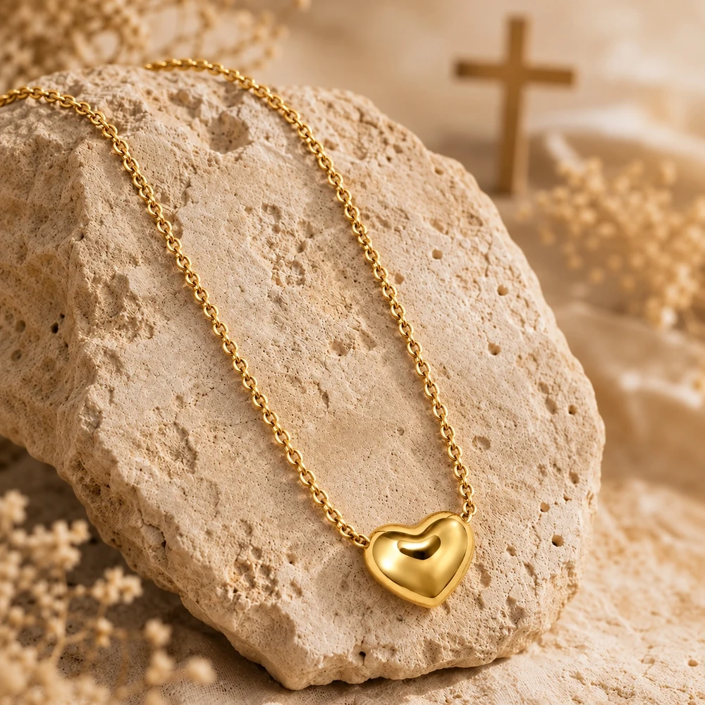 1pc Golden Puffy Heart Pendant Necklace with Delicate Link Chain Adjustable Extender Minimalist Contemporary Design