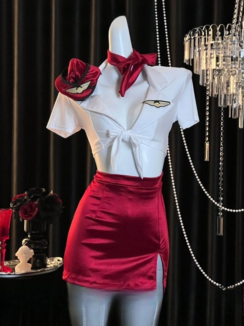 

Wine Red Sexy Flight Attendant Uniform,Mature Nightclub Role-Playing Tight Dress,Temptation Women’s Cosplay Outfit QQNY