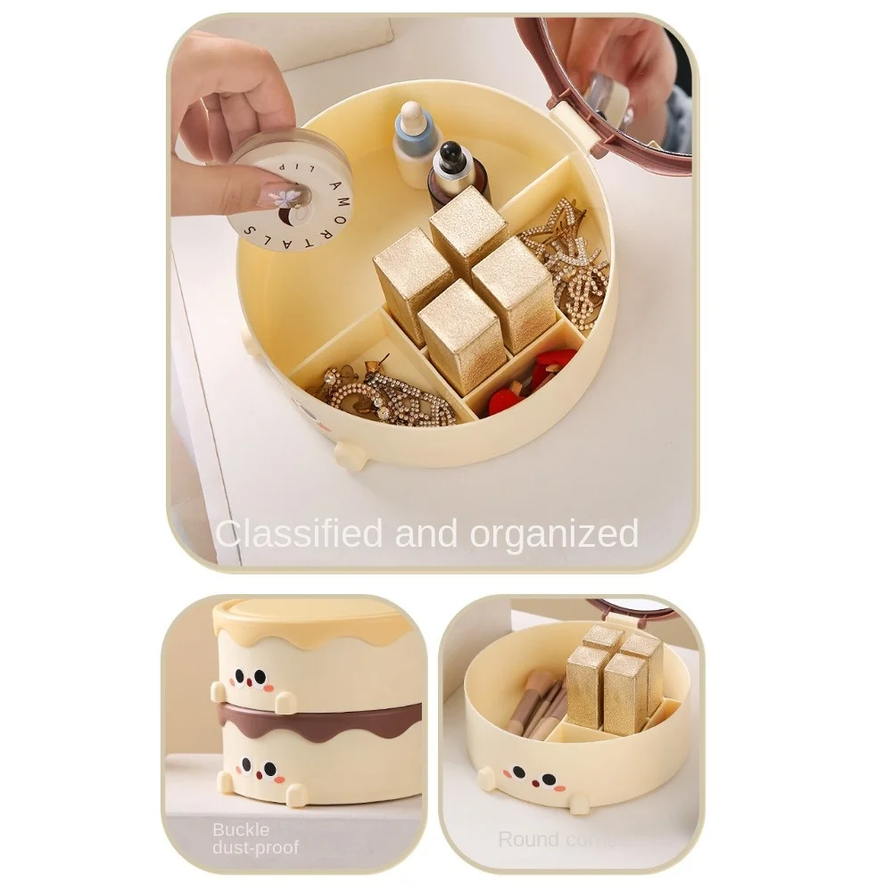 Cute Plastic Makeup Mirror High-definition Round Cake Mirror Folding Large Jewelry Storage Box Women