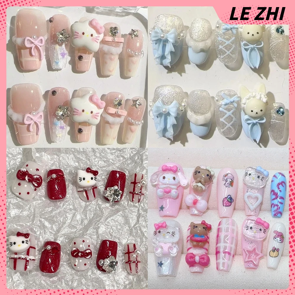 

10Pcs Kawaii Cartoon Sanrio Hello Kitty My Melody Handmade Press On Nail Bowknot Pearl Diamond Sequins Wearable Fake Nails