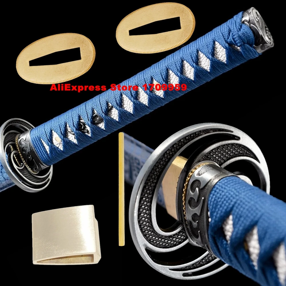 26cm Blue Ito Tsuka Set Alloy Japanese Sword Guard Fittings Katana Tsuba+Handle+Menuki+Fuchi+Kashira+Habaki+Seppa Accessory