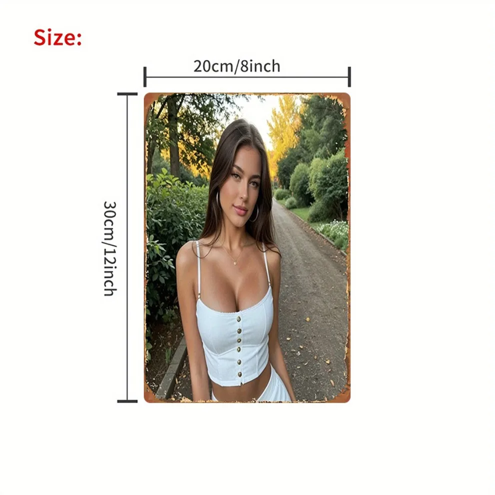 Retro Park Walkway Woman in White Crop Top Metal Tin Sign, Vintage Aluminum Wall Art Decor, High Definition Durable Iron Plate f