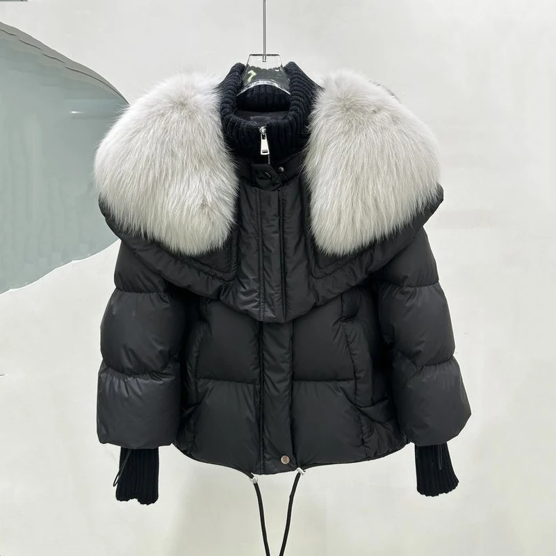 Women\'s White Duck Down Puffer Parka Jacket with Real Fur Removable Collar Winter New Down Cotton Fur Collar Parka Coat