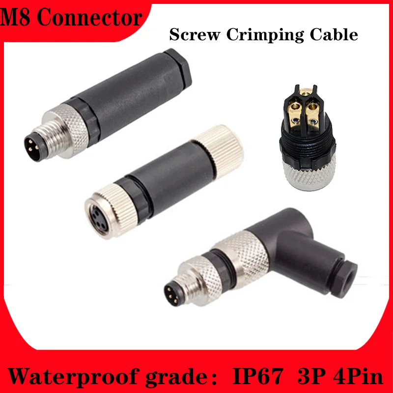 

M8 3Pin 4Pin Waterproof IP67 Connector Plastic Metal Assemble Aviation Plug Straight Bent Male Female Socket Screw Crimp Cable