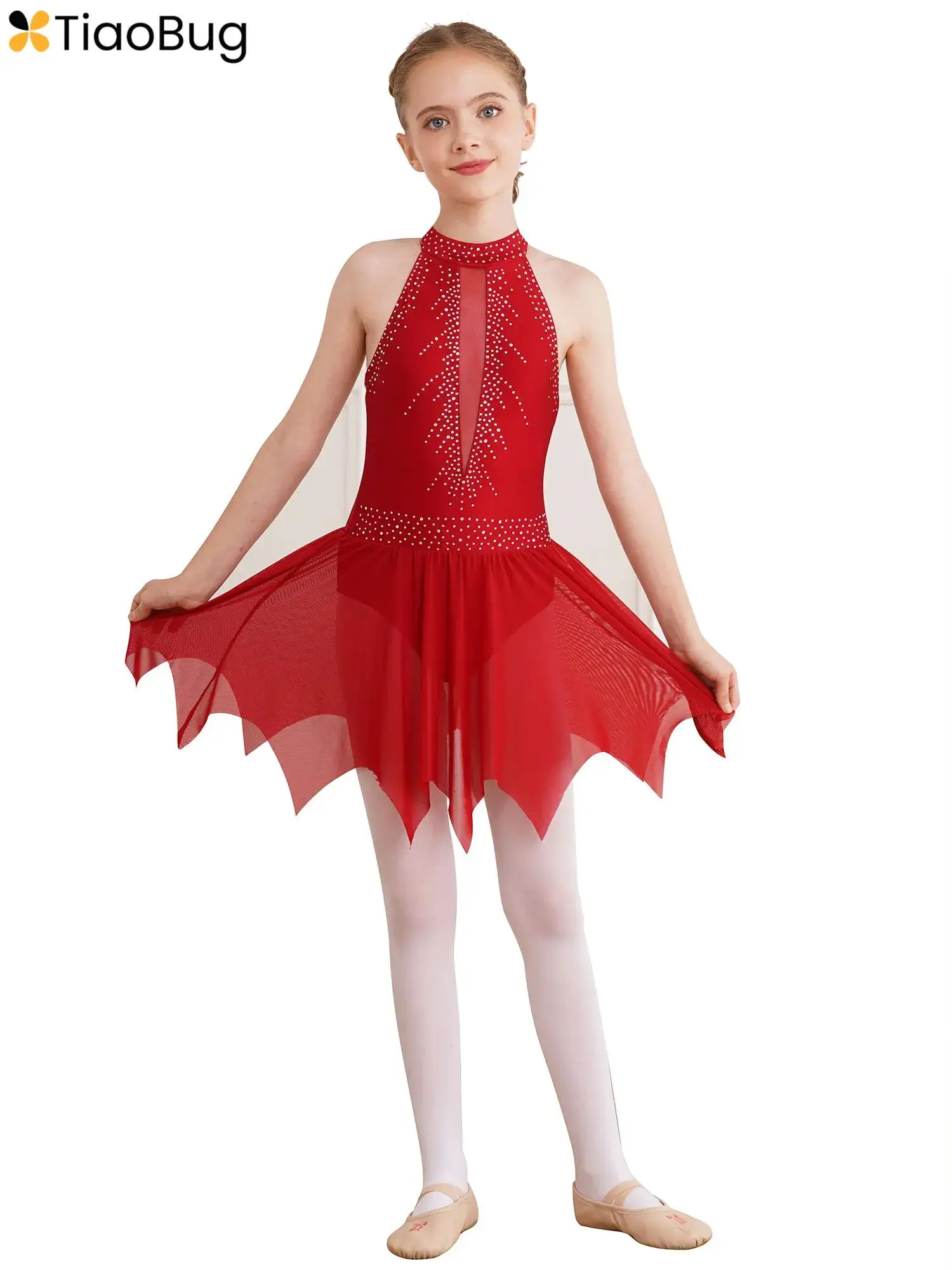 

Kids Girls Dance Figure Ice Skating Dress Sleeveless Backless Asymmetrical Mesh Skirt Leotard Gymnastic Competition Costume