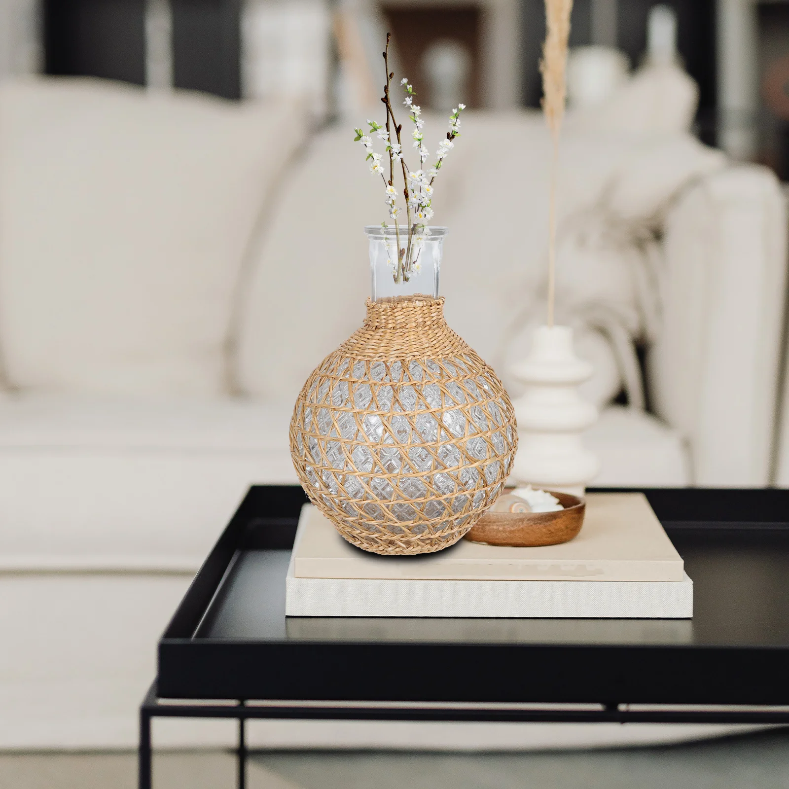 

1Pcs Rattan Weave Glass Vase Adorable Flower Arrangement Holder Creative Vase Ornament Home Decor Rattan Glass Flower Bottle