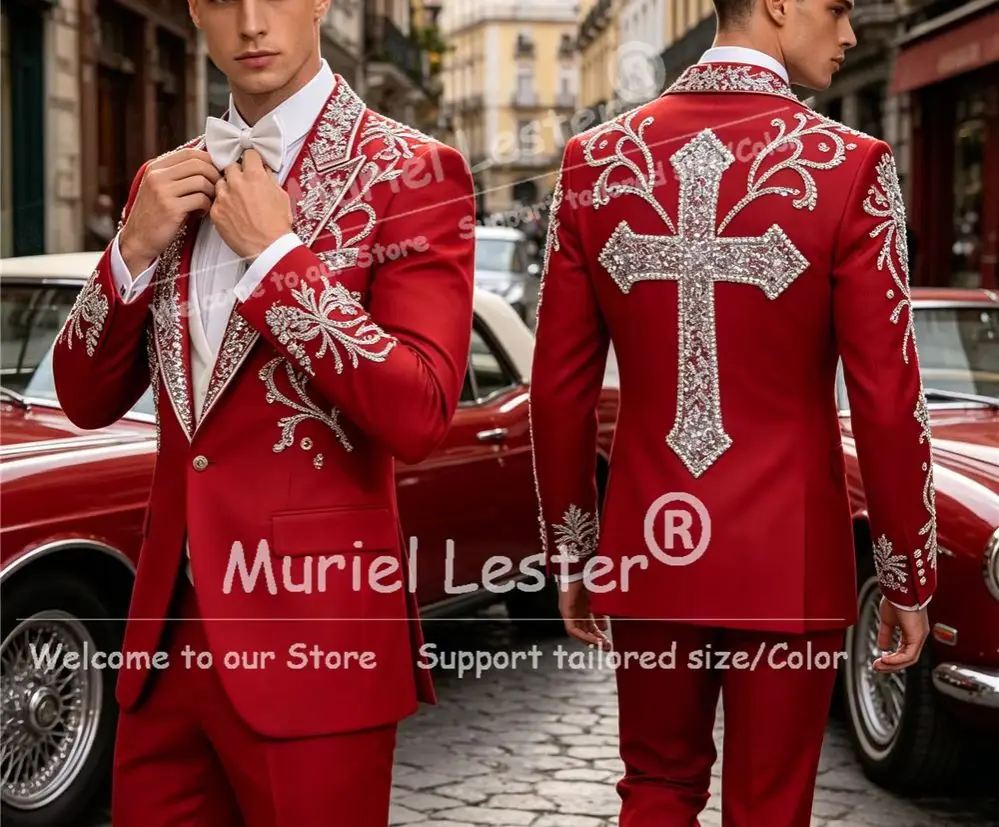

Brilliant Crystals Beading Suit Men For Wedding Unique Design Sequin Label Groom Prom Blazer Customized 2 Piece Sets Man Tuxedos