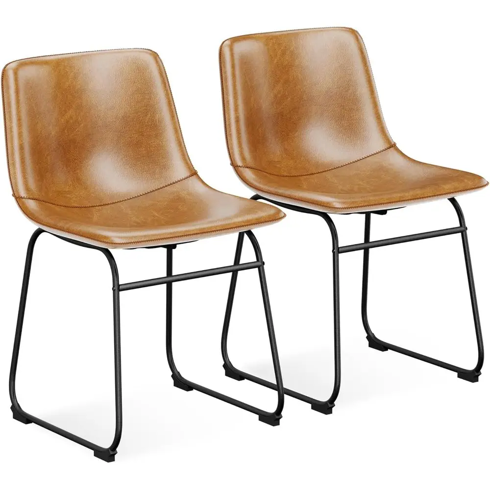 Dining Chairs Set o 2, 18in PU Leather Kitchen Chair with Metal Leg, Brown | Waterproo aux Leather, Ergonomic Waist Support, Sta
