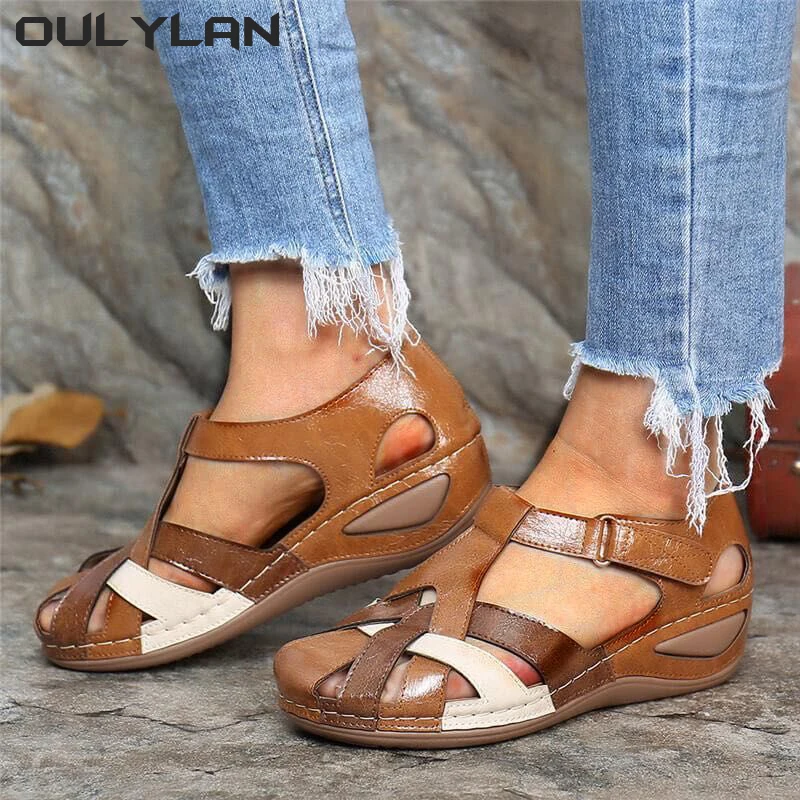 Oulylan Retro Round Toe Sloping Sandals for Women's Open Toe Flat Sandals Non-Slip Comfortable Lightweight Walking Sandals