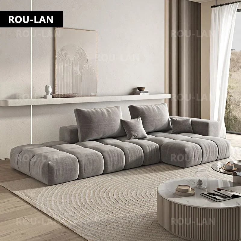 Modern Living Room Sofa 3 Seater Puffs Italian Minimalist Fabric Size Apartment Tofu Module Flannel Sofa Elegantes Furniture