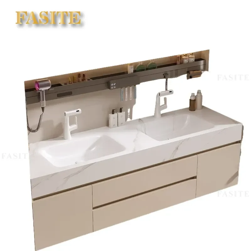 For Large Apartment Bathroom Light Luxury Cream Style Rock Slab Hot Bending Integrated Double Basin Vanity Cabinet Washbasin