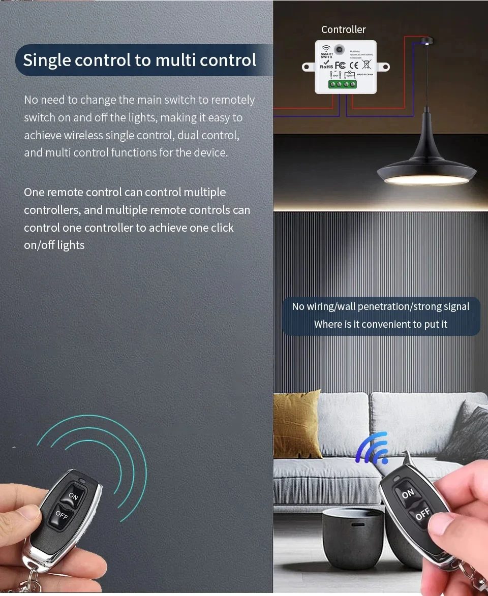 KEBIDUMEI RF 433MHz Drahtloser Fernbedienungs-Lichtschalter AC 220V 110V 10A Controller EIN/AUS-Sender Relais-Empfänger für LED – Detail 5
