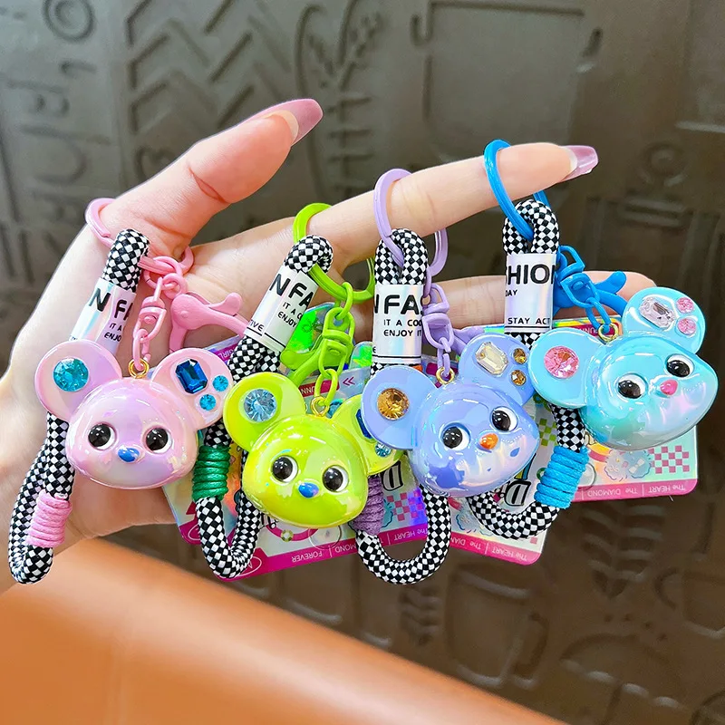 Creative Dopamine Color Series Hand String Keychain Color Rhinestone Bear Head Key Ring Exquisite Cute Schoolbag Pendant Keyfob