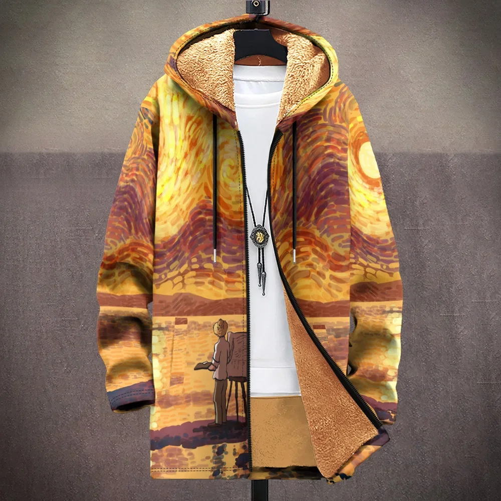 

Men Cardigans Coats Galaxy Art Panting Graphics Printed Plush Thick Winter Jackets Casual Streetwear for Women Unisex Clothing
