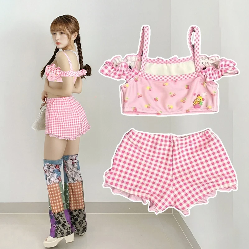 Bonito lolita plissado biquíni rosa roupa de banho coelho maiô xadrez camisola e shorts dos desenhos animados impressão banho y2k doce conjunto biquinis