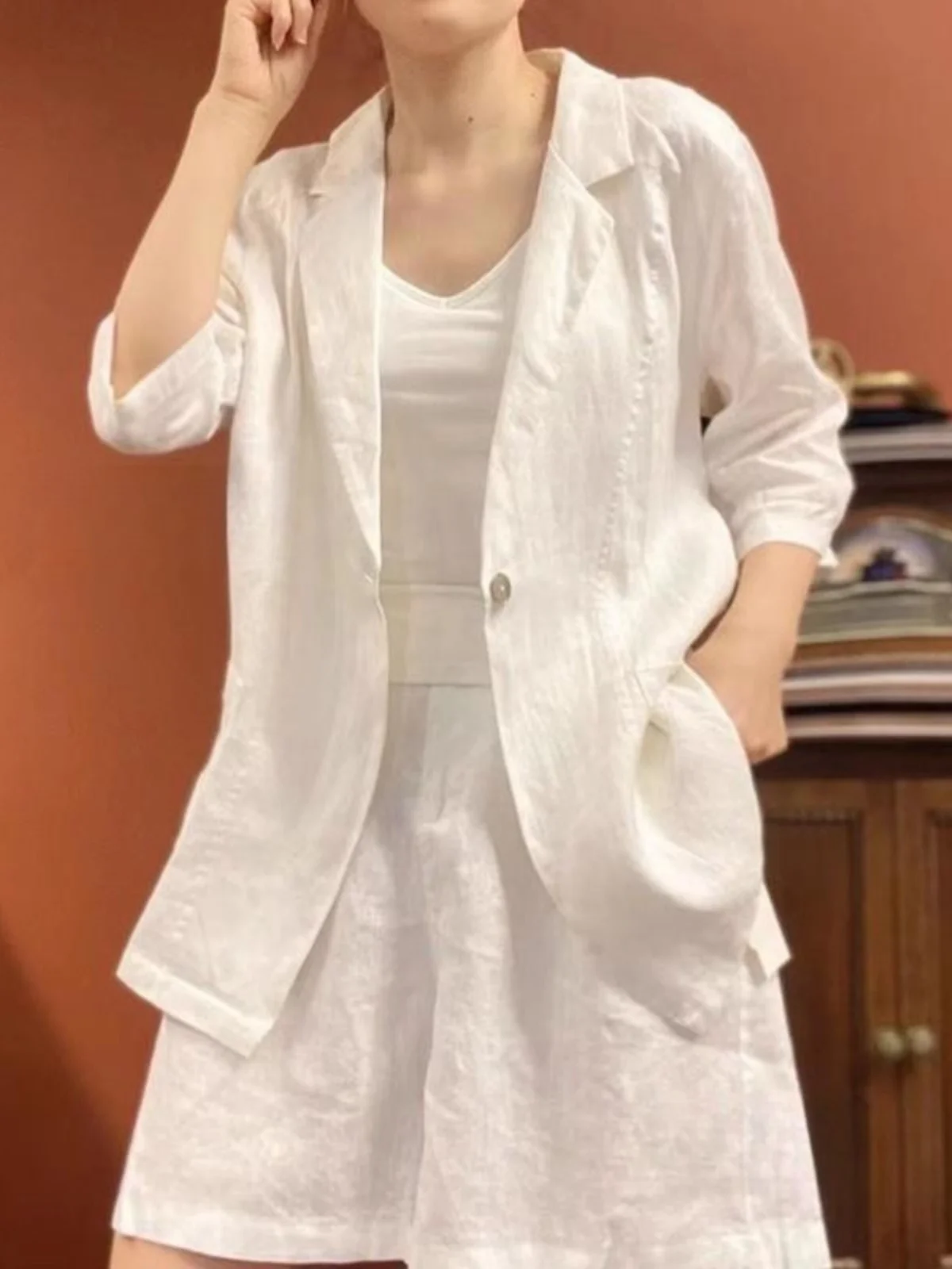 

Ele Pure Linen Suit Jaet Women's Thin Casual ort Suit Set Buttoning mid Sve Flip Collar Two-Piece Ensemble