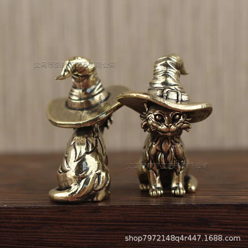 Pure Brass Wizard Kitten Desktop Miniature Ornament Accessories Magic Creative Cat Action Figures Artware Decor Metal Figurine