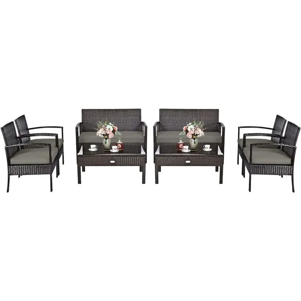 8-Piece Outdoor Patio Furniture Set, Cushioned Rattan Wicker Loveseat Sofa with Glass Top Coffee Table