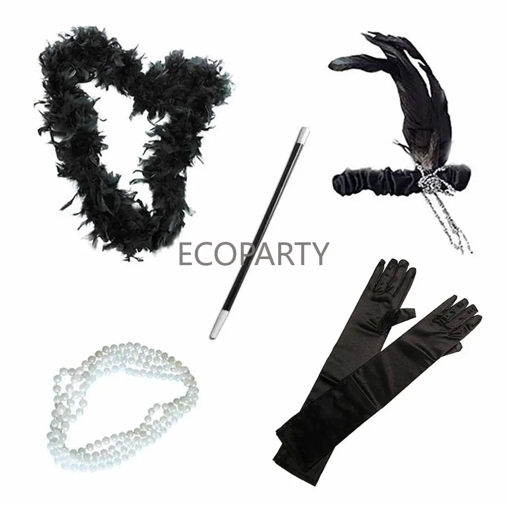 1920s Accessories Headband Necklace Gloves Cigarette Holder Flapper Costume Accessories Set For Women Black White Red