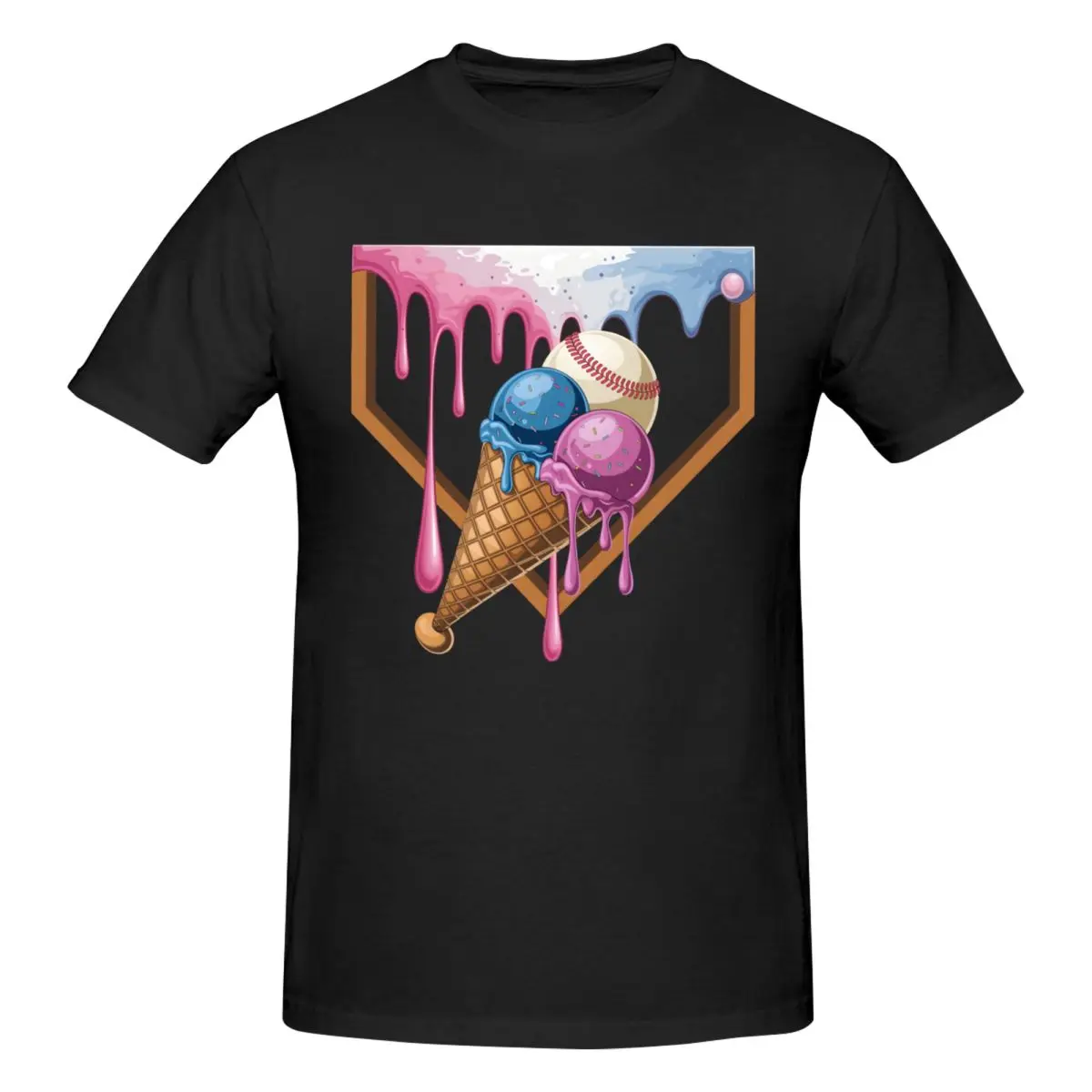 Men Baseball Ice Cream Dripping Baseball Home Plate Drip T Shirt Streetwear Plus Size Cotton Crewneck Sleeve T Shirts For Men