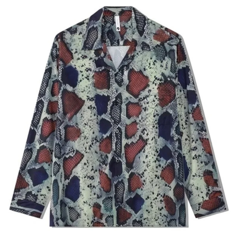 Men's contrasting snake print long sleeved shirt, trendy casual vacation button up cardigan top