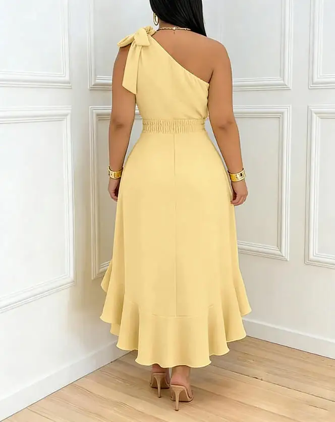

Summer New Women's Fashionable and Elegant Single Shoulder Bow Shoulder High Low Waist Irregular Ruffle Dress