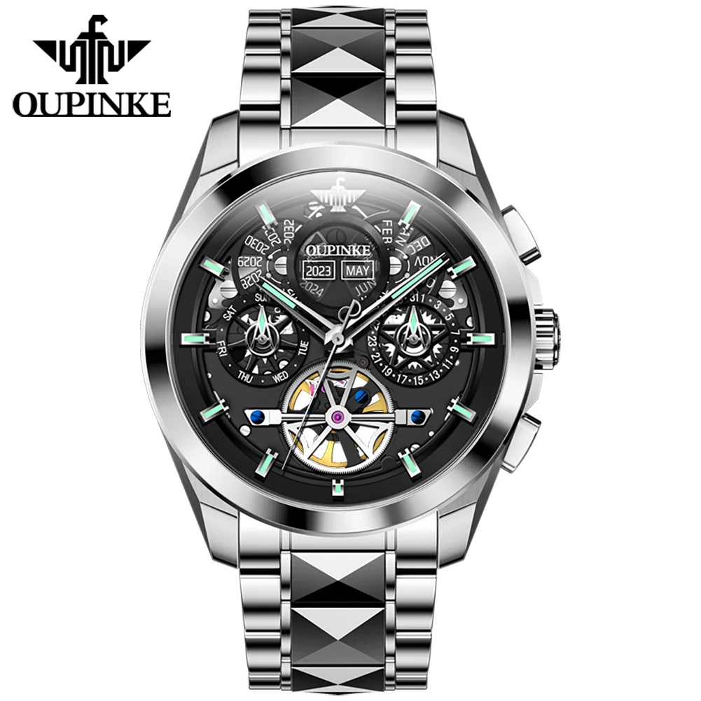 OUPINKE 3233 Original Genuine Men's Watch Full Diamond Starry Sky Dial Waterproof Leather Strap Automatic Mechanical Watch