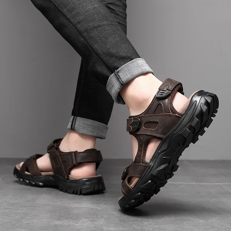 BUBUK men's leather sandals, sports and leisure wading shoes, cowhide upper with Velcro closure, breathable outdoor beach shoes