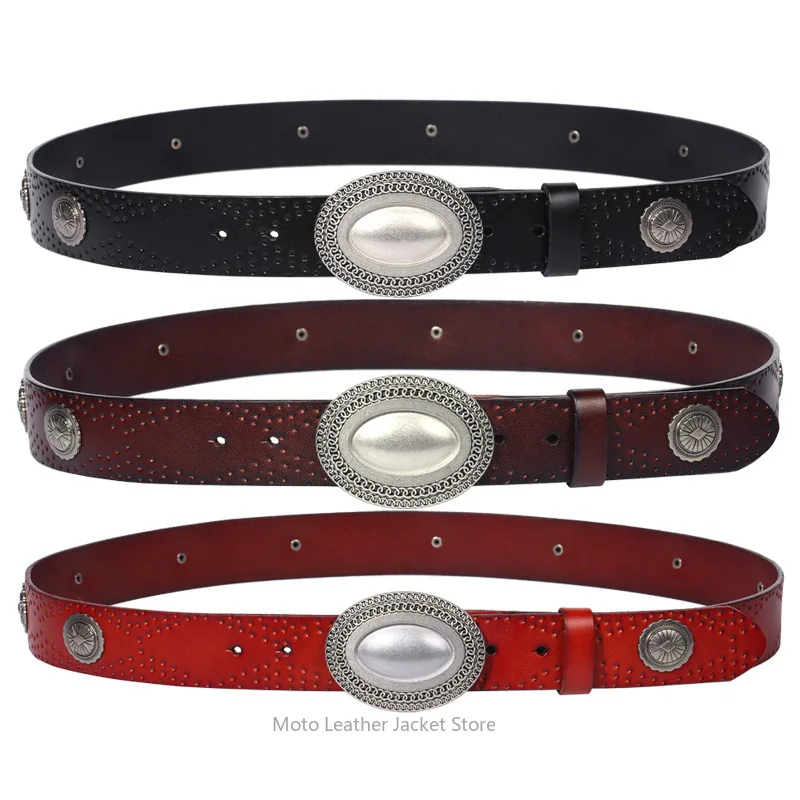 Fashion European American Plate Buckle Belt Embossed Design Versatile Rivet Unisex Top Grain Cowhide Leather Waistband