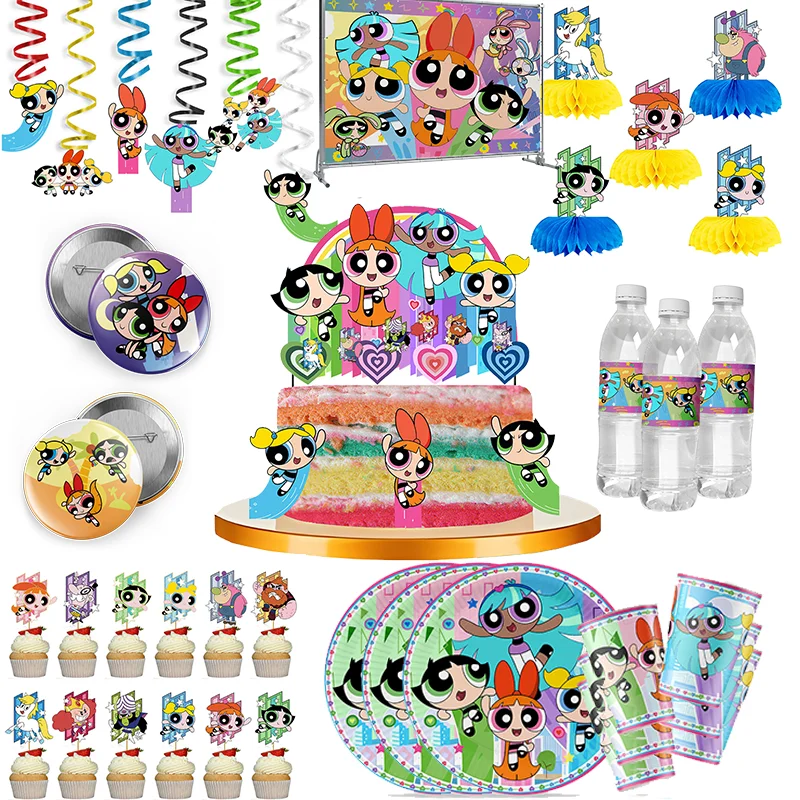 The Powerpuff Girls Cartoon Cute Birthday Party Supply Tableware Decoration Balloon Cake Topper Banner Baby Shower Home Decor