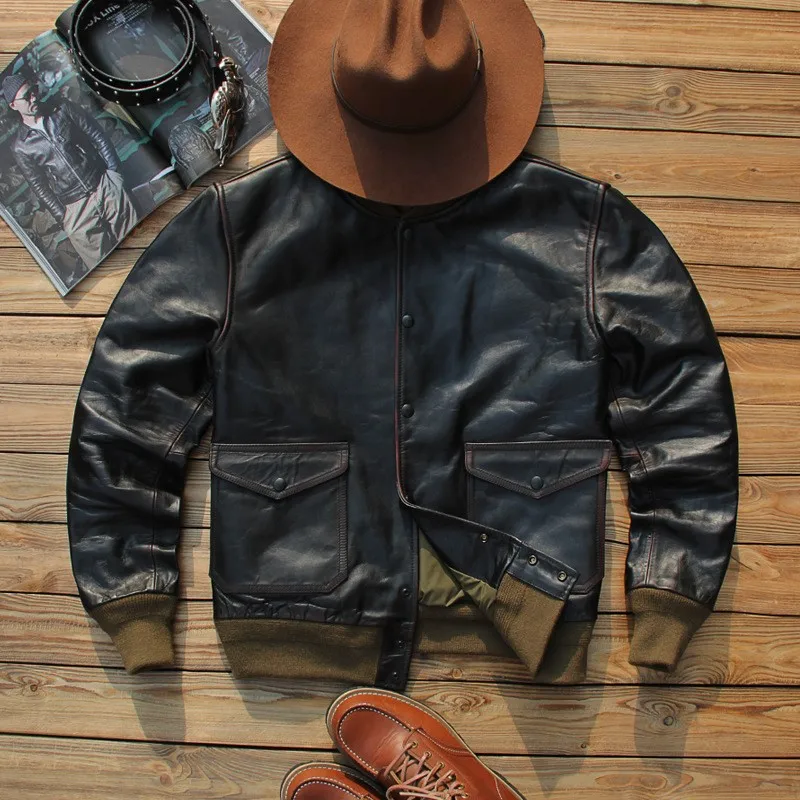 Tea core leather men's baseball collar suit fitted motorcycle