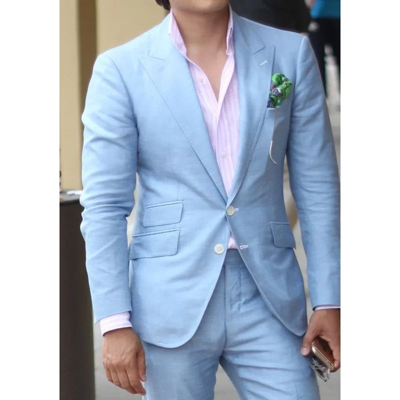 

Summer Light Blue Men Suits 2 Pieces Peaked Lapel Wedding Travel Daily Casual Suit Blazer Sets Costume Homme Jacket+Pants